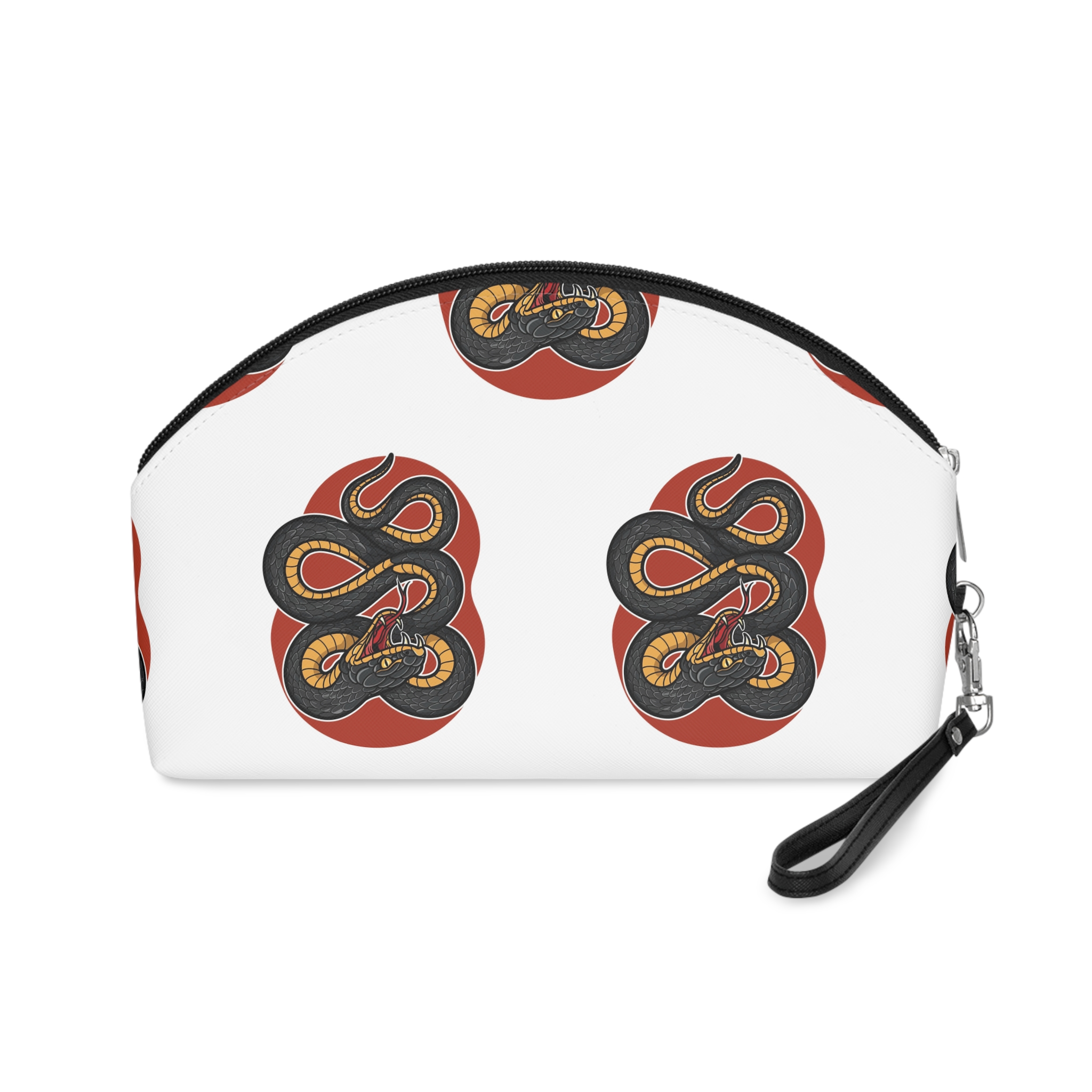 Black Yellow Coiled Aggressive Snake With Open Mouth Fangs Ready Strike Illustration Makeup Bag - Image 2