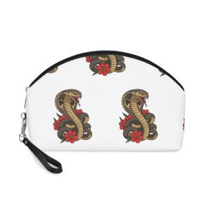Cobra Snake With Detailed Scales Tongue and Red Flowers Tattoo Makeup Bag