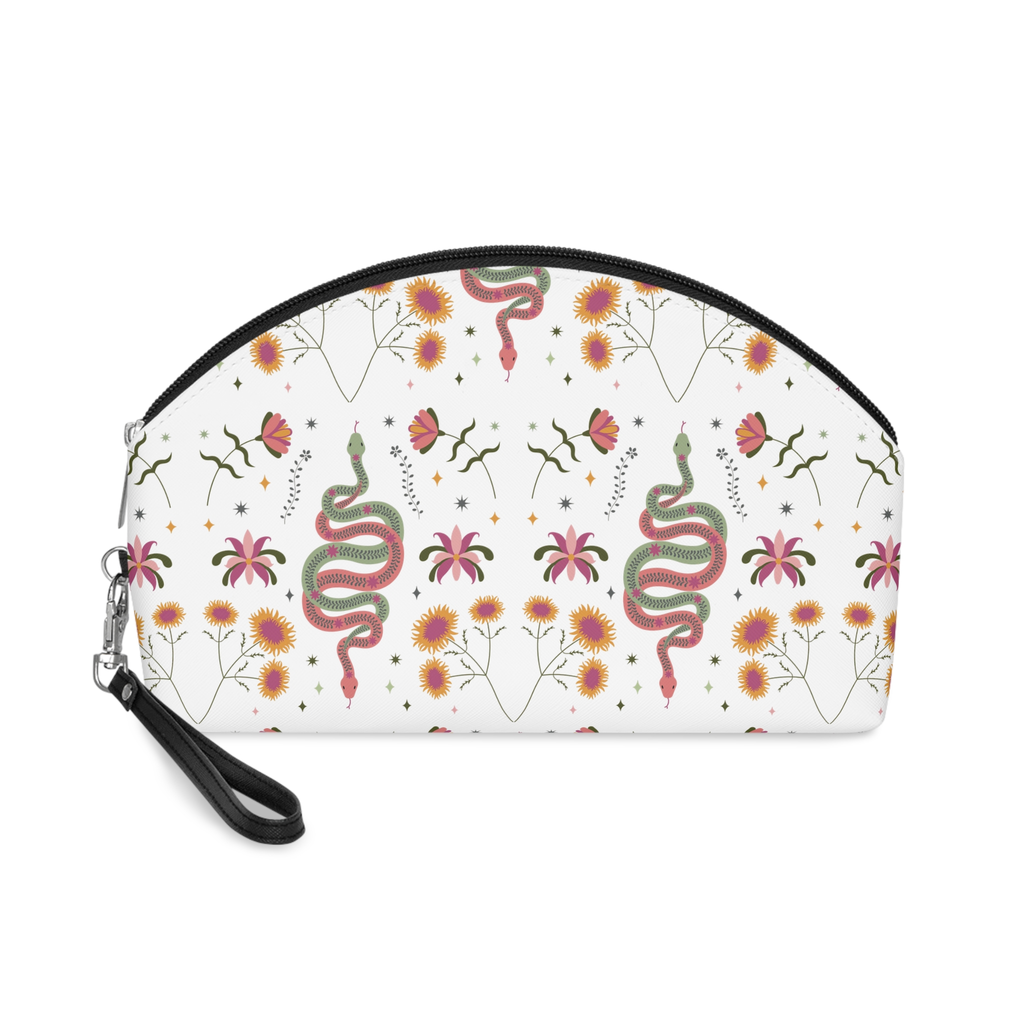 Decorative Snake Illustration With Floral Elements Vibrant Illustration Coiled Snake Makeup Bag