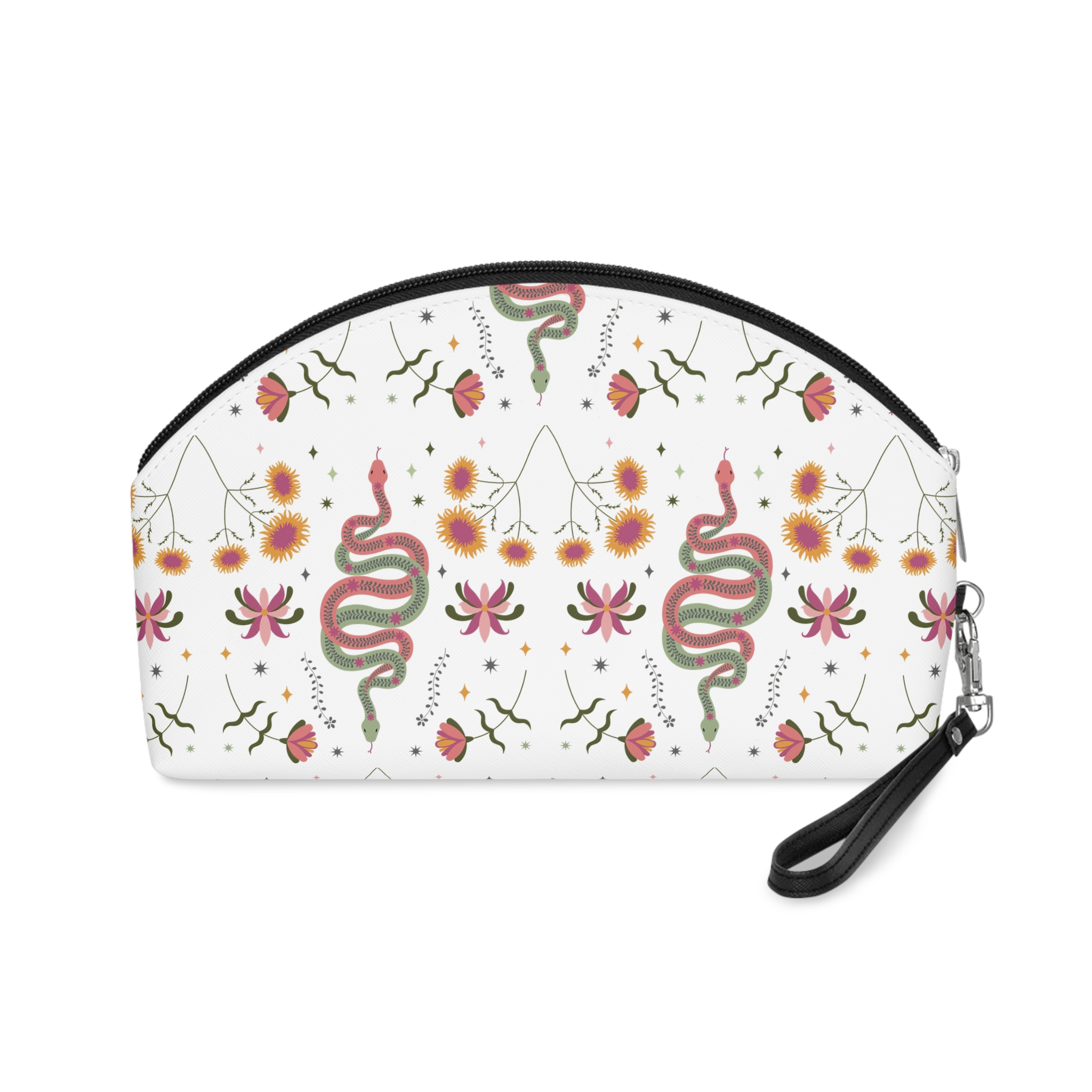 Decorative Snake Illustration With Floral Elements Vibrant Illustration Coiled Snake Makeup Bag - Image 2
