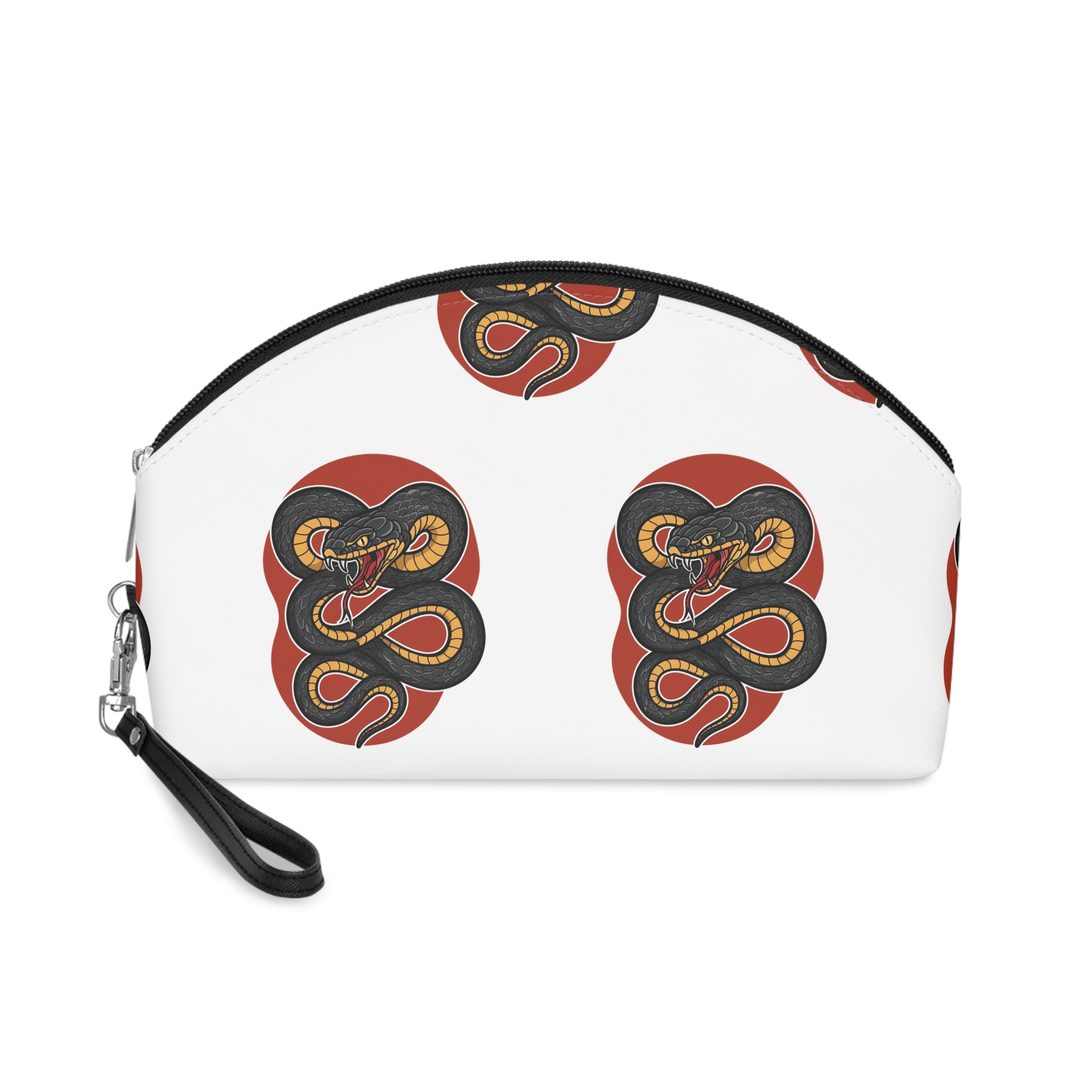 Black Yellow Coiled Aggressive Snake With Open Mouth Fangs Ready Strike Illustration Makeup Bag
