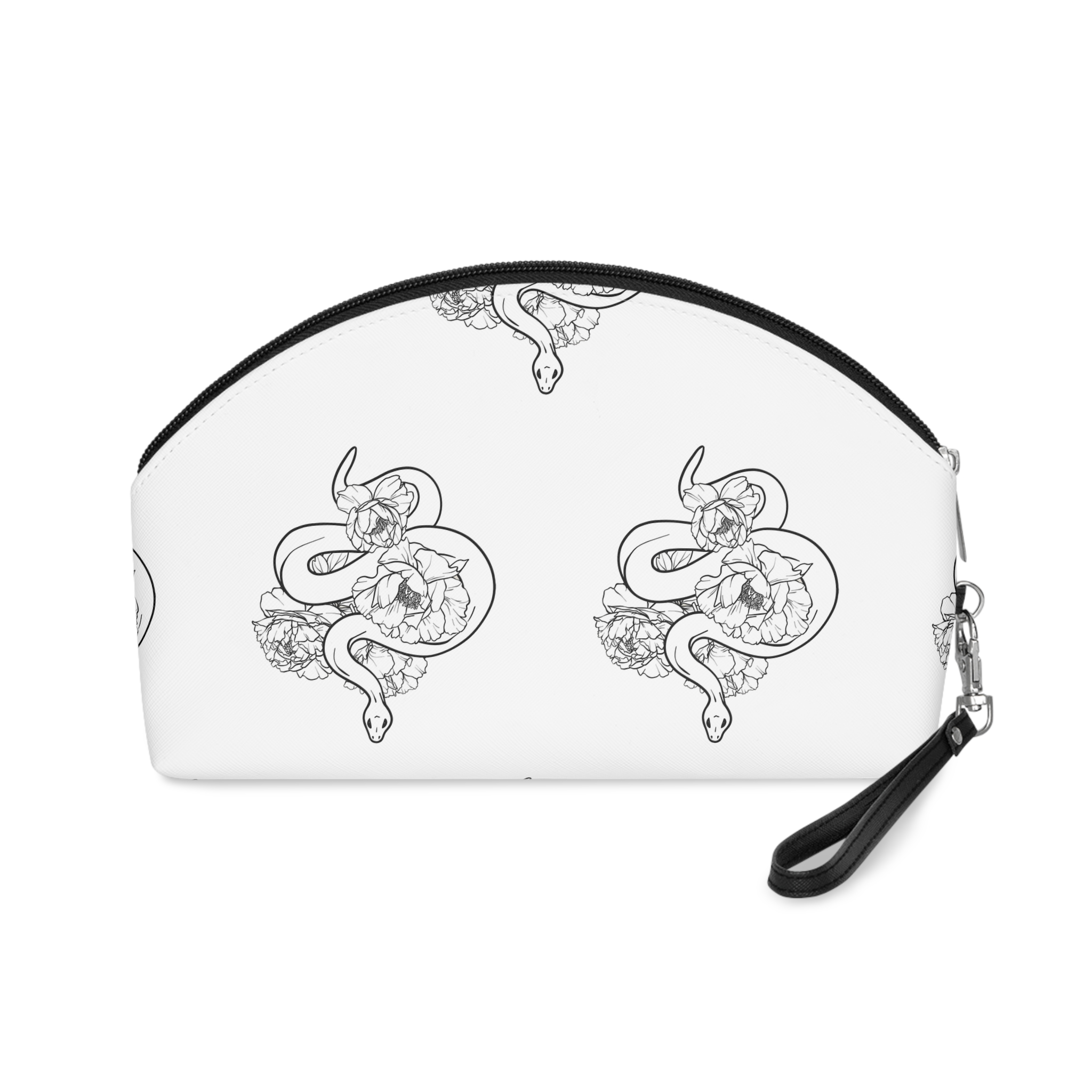 Black White Line Drawing Snake Flowers Vector Illustration Snake Floral Line Makeup Bag - Image 2