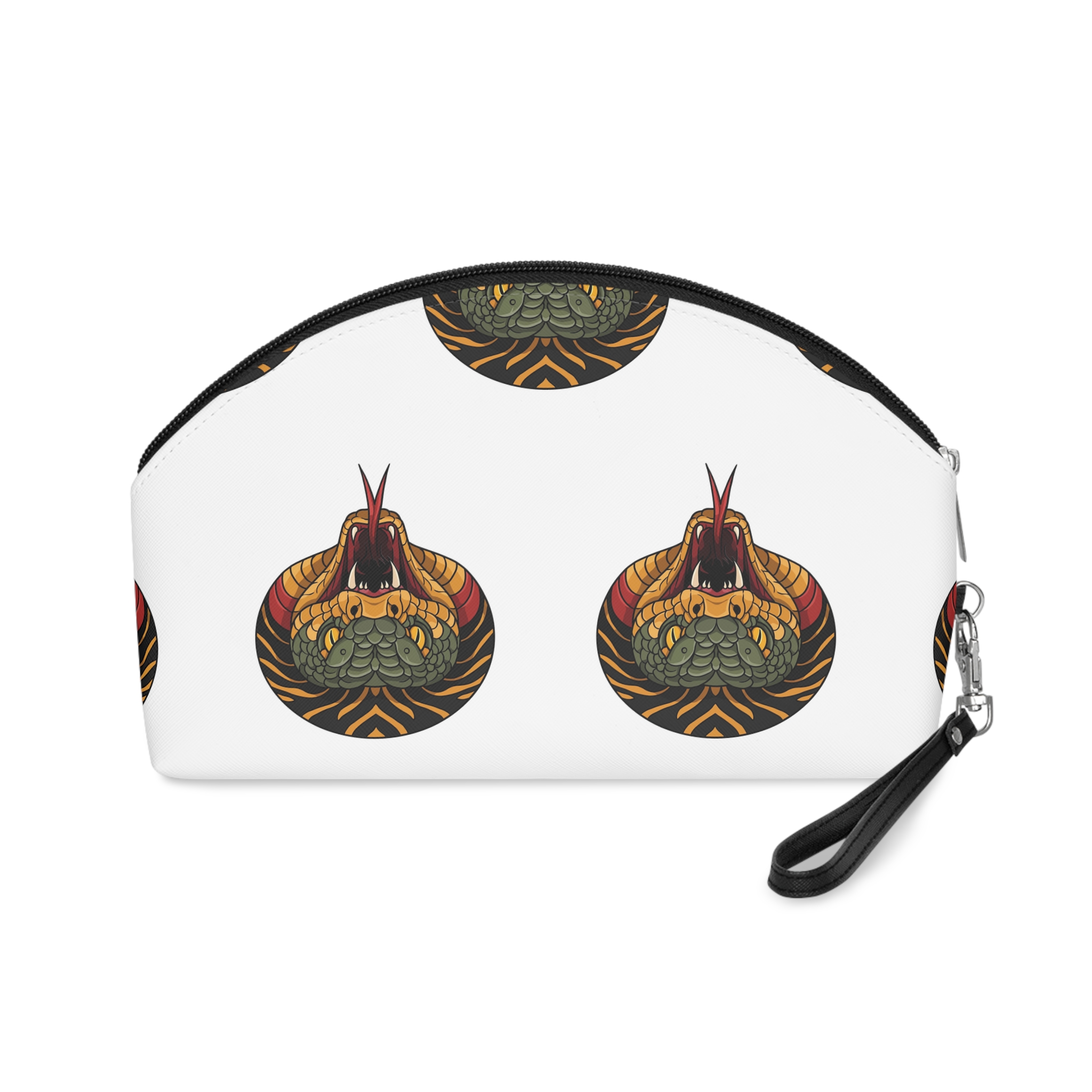 Aggressive Green Orange Snake Head With Open Mouth Showing Fangs Forked Tongue Detailed Illustration Makeup Bag - Image 2