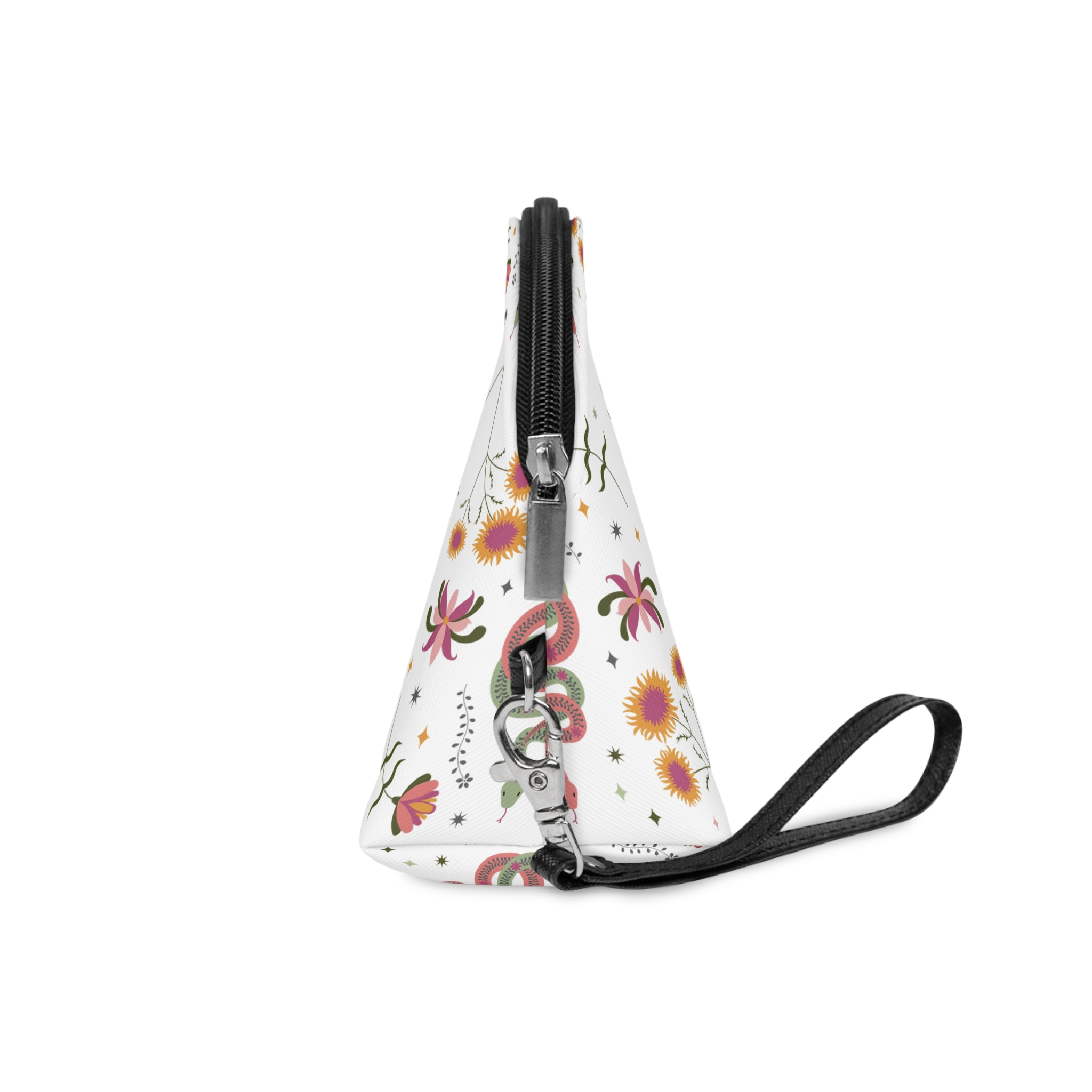 Decorative Snake Illustration With Floral Elements Vibrant Illustration Coiled Snake Makeup Bag - Image 3