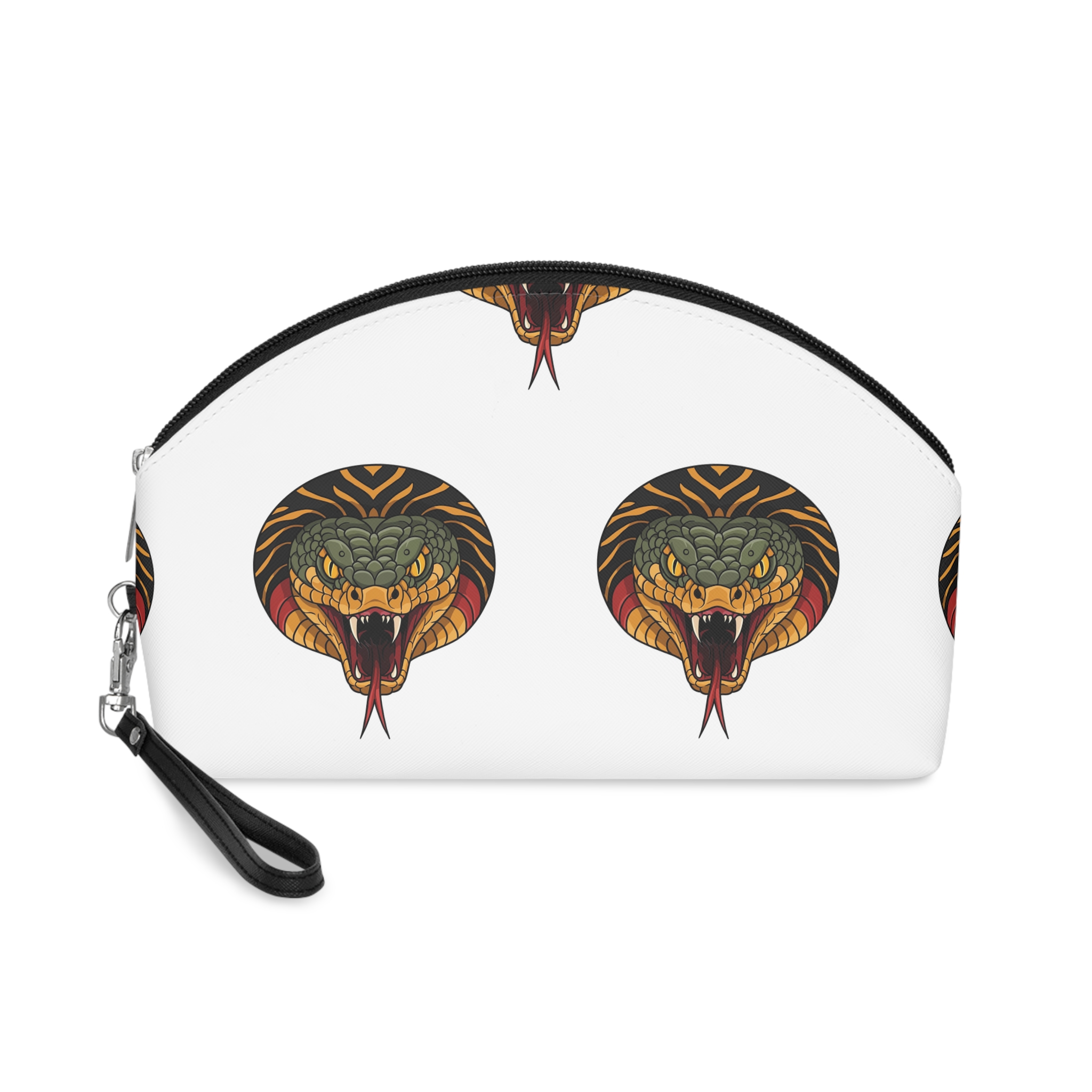 Aggressive Green Orange Snake Head With Open Mouth Showing Fangs Forked Tongue Detailed Illustration Makeup Bag