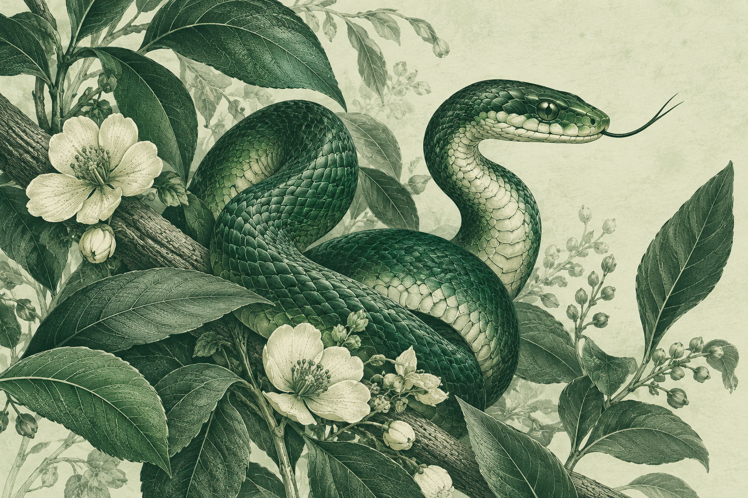 elegant emerald snake curled among botanical leaves, engraved illustration on pale sage paper, sophisticated nature journal